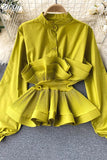 Women Yellow/Black/White Draped Ruffle Blouse Vintage Stand Collar Puff Long Sleeve Single Breasted Slim Blusas Female Tops