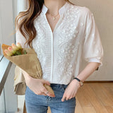 Women's Shirts Solid Blouses for Women Embroidered Shirt Blouse Women White Hollow Out Half Sleeve Tops Female 2023 Woman