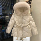 New Real Natural Fox Fur Hooded Winter Coat Belts Women 90% White Duck Down Jacket Thickened Warmth Waterproof