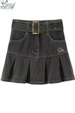 Spring Women's High Waist Denim Mini Pleated Skirt Harajuku Streetwear Vintage Loose Casual Ladies Y2K A-line Short