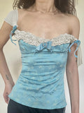 Age-Reduce Lace Bow Spliced Sling Vest Collar Print Blue Collar Knitted Shirt
