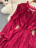 Autumn Women Lace Midi Dress Vintage Round Neck Lantern Long Sleeve High Waist A-Line Elegant Party Robe New Fashion
