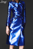 Spring Autumn Long Shiny Reflective Patent Leather Trench Coat for Women Belt Double Breasted Cool European Fashion