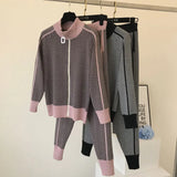 Quality New Winter Woman Tracksuit Geometric stripeTurtleneck Zipper Knitted Cardigans + Pants Women Two piece