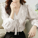Autumn Flocking Print Bow Lace Up Pullover Chiffon Blouse Elegant Fashion Lantern Long Sleeve All-match Shirt Top