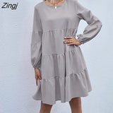 cotton linen O neck mini dress for womens Lantern sleeve Stitching loose big swing dress A-Line Full vestido women