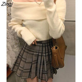 Autumn Off Shoulder Knitted Sweater Women Long Sleeve Elegant Pullovers Pure Color Fashion Sexy Y2k Clothing Tops