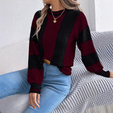 Shooting 2025 Autumn And Winter Casual Hit-Colored Striped Lantern Long-Sleeved Jacket Sweater Women's