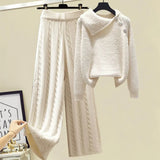 Warm 3 Piece Set Women Pullover Sweater + Wide Leg Pants +Lamb Wool Vest Outfits Knitted Suit Tracksuit Womens