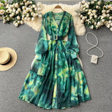Women French Fashion Single Breasted V Neck Long Dress With Belt Summer Autumn Elegant Print A-line Robe Female Holiday