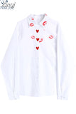 Early Autumn Ladies New Style Lip Print Heart Print Shirt Women Fashion Loose White Long Sleeved Temperament Button