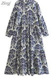 2023 Vintage Print Long Dress Women Blue Shirt Dress Woman Ruffle Long Sleeve Midi Dresses Women's Elegant Loose