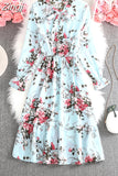 Women Casual Spring Autumn Dress Korean Style Vintage Floral Printed Shirt Dress Long Sleeve Elegant Bow Midi Summer