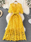 Hollow Out Lace Long Dress Women Sexy O-Neck Short Sleeve High Waist A-Line Vacation Beach Vestidos Female With Belt