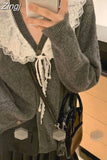 Bandage Long Sleeve Knitted Tops Japanese Gray Cardigan Sweet Preppy Style Women Y2k Sweaters Loose V-Neck