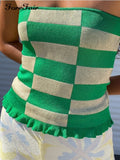 2022 Plaid Print Sexy Tank Top Women Summer Sleeveless Ruffles Off Shoulder Green Knitted Y2k Crop Tops Casual