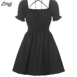 Gothic Black Mini Dress Women Summer Sweet Kawaii Puff Sleeve Punk A-LINE Lolita Dress Harajuku Elegant Party