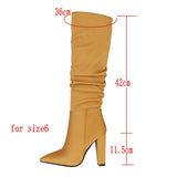 Women Boots Fashion Pleated Knee High Boots Pu Leather Square High Heel Long Boots Slip On Winter Boots Shoes