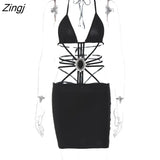 Sexy Hollow Out Halter Women Dress Black Backless Bandage Elegant Dress Female Summer Skinny Fashion Night Clubwear