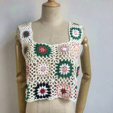 Queens Women Solid Hollow Out Sleeveless Crop Tops Beach Bohemian Vest Boho Knitted