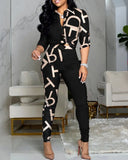 New Pre-fall Women Letter Print Colorblock Knot Front Buttoned Top & High Waist Pants Set Autumn Two Piece Suits