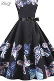 Butterfly Print Women Summer Midi Dress Sleeveless Vintage Retro Pin Up Party Robe Rockabilly