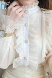 Ruffle Lace Chiffon Shirt Spring Sweet Chic Long Puff Sleeve Women Blouse Apricot Tops Stand Collar Clothes Blusas