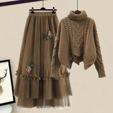 Winter Vintage Two Piece Sets Women Outfit Ladies Warm Thick Twist Turtleneck Knitted Sweater+mesh Skirt Set Women