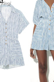 2023 Woman Short Playsuit Blue Striped Baggy Summer Jumpsuit For Women Fashion Pockets Short Sleeve Women's Loose
