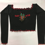 Gothic Off Shoulder T-shirts Solid Embroidery Front Long Sleeve Ruffle Hem Crop Tops Fashion Spring E girl Tees