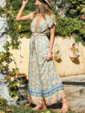 Queens Women Floral Print Lace-up Boho Bodysuits Elastic Waist Short Sleeve V-neck Bohemian Rayon Playsuits