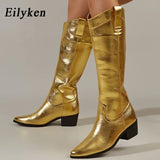 Retro Autumn Winter Low Heel Women Knee-High Boots Gold Silver Concise Pointed Toe Western Cowboy Botas