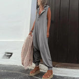 Button Sleeveless Beach Romper Simple Solid Cross-pants Lady Playsuit Women Casual Loose Hooded Jumpsuit Summer