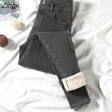 Thick Warm Casual Fashion Denim Pencil Pants Velvet Women High Waist Skinny Jeans Fleece Warm Slim Fit Stretch