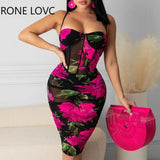 Women Cami Floral Print Mesh Straight Dress Bodycon Dress Summer