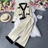 Temperament Knitted Suit Women Elegant V-neck Cardigan Knitted Jacket + High Waist Wide-leg Pants Two-piece