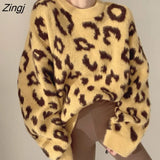Streetwear Women Vintage Leopard Sweaters Pullovers Autumn Winter Fashion Harajuku Loose O-Neck Lazy Wind Korean Y2k