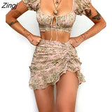 Floral Women Summer Skirt 2-Piece Set Skirt 2022 New Backless Lace-up Hollow Ruffle Sleeves Short Tops Mini Skirt