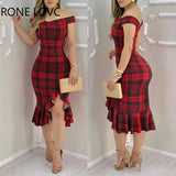 Women Plaid Off Shoulder Ruffle Hem Slit Dress Party Sexy Dress Elegant Fashion