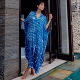 Causal Striped V-neck Button Front Open Summer Beach Dress Blue Tunic Women Plus Size Clothes Maxi Dresses