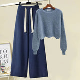 Winter Knitted Two Piece Set Women Casual Pullover Long Sleeve Knitting Sweater And Wide Leg Pants Sets For Women