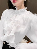 Stand Collar Chiffon Lace Shirts Korean Ruffles Stitching Elegant Button Blouse Woman Long Flare Sleeve Loose Tops