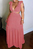 Ruffle Long Skirt V-neck Solid Color