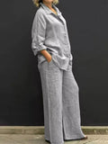 Women Autumn Linen Lapel Shirt Two Pieces Set Vintage Solid Long Sleeve Button Blouse and Loose Straight Pants Casual
