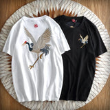 Vintage Flying Crane Bird Embroidery T Shirts Men Women Streetwear Y2k Tops Cotton Black White Tops Harajuku Kawaii