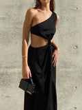 Fashion Black Hollow Out Maxi Dress for Summer Holiday Club Party Dresses 2022 New Women High Split Backless Sexy
