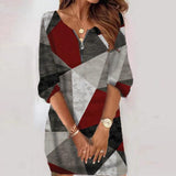 Half Sleeve Print Pullover Shirt Dresses Ladies Casual Commute Mini Dress Elegant Women Zipper-up V Neck Party
