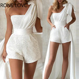 Women Solid Strapless Cape Bow Backless Sequins Sexy White Party Rompers&Dress