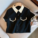 Black Shorts Sets Short Sleeve Turn-down Collar Shirts Hight Waist Shorts High Street Harajuku Solid Hot Casual