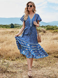 Queens Women Floral Print Beach Bohemian Rayon Maxi Dresses Ladies Deep V Neck Button Boho Pleated Dress
